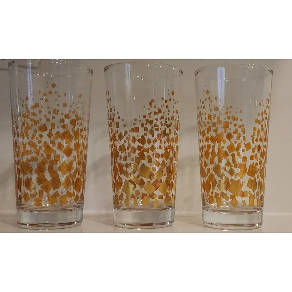 Vintage Mid-Century Mod Metallic Gold Confetti Highball Tumbler Glasses Set of 3